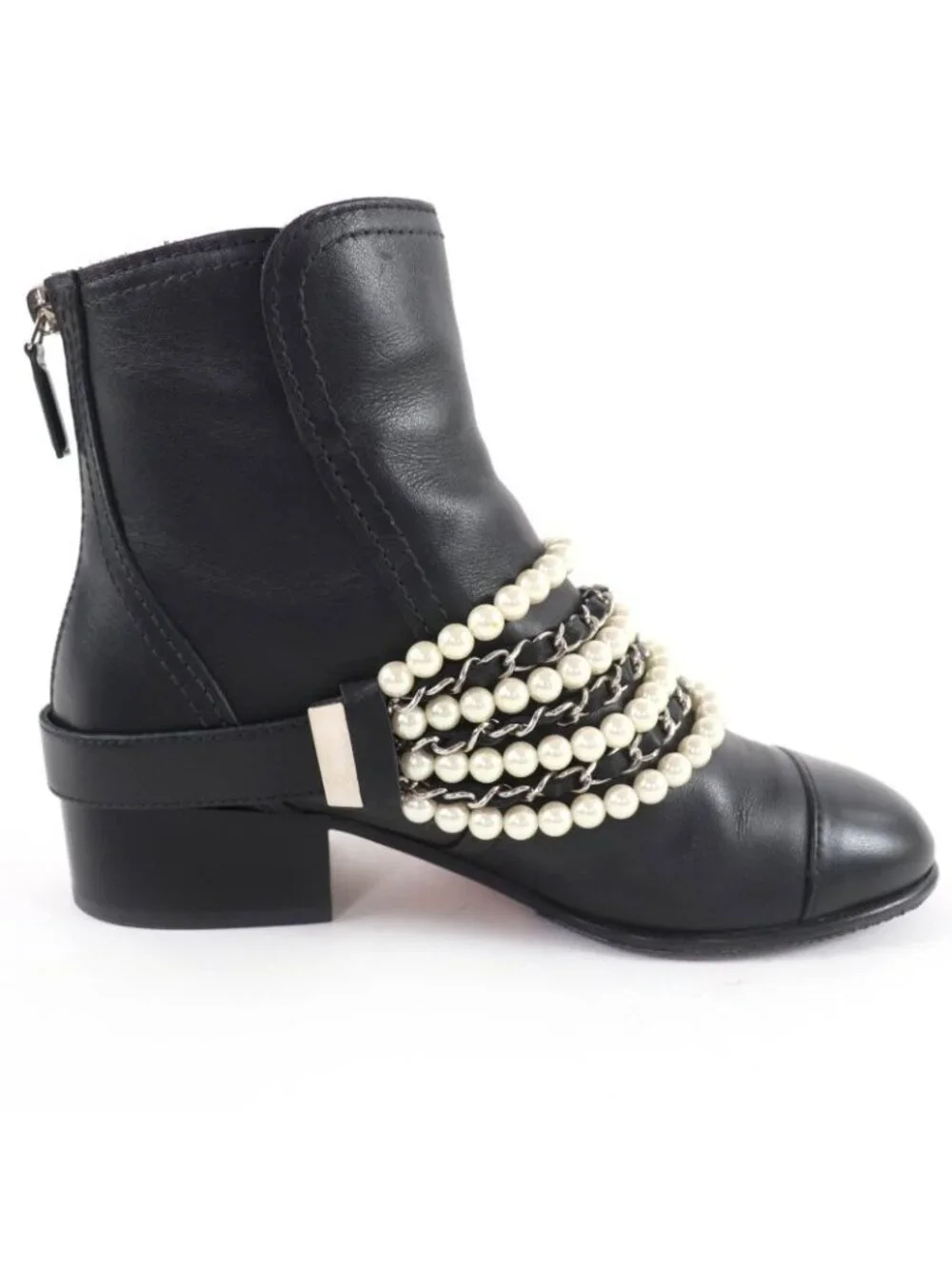 Chanel CC Logo Faux Pearl Chain Leather Short Boots Black 36 - Picture 5 of 13